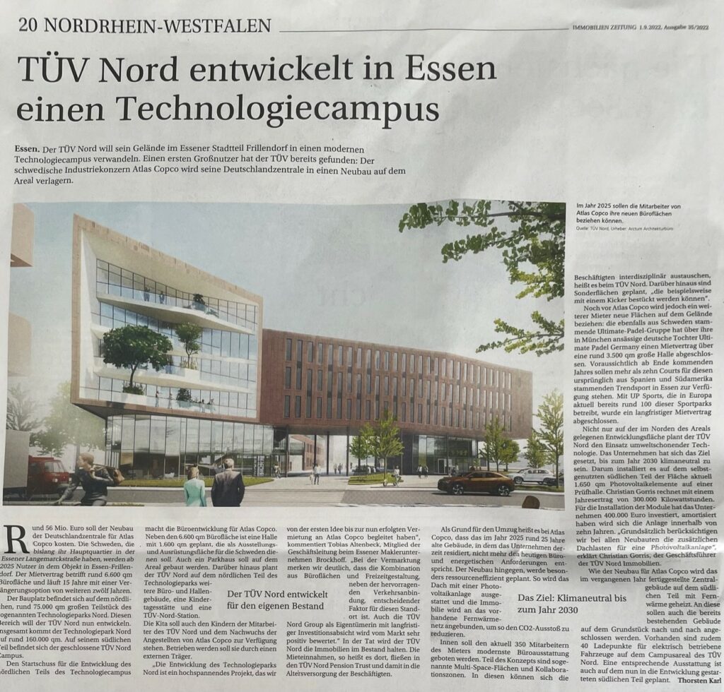 Artikel in der Immobilien-Zeitung: TÜV Nord entwickelt in Essen Technologiecampus